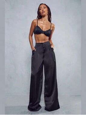 House of Harlow 1960 Satin Wide-Leg Pleated Business Trousers in Black EUC XS